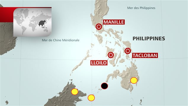 Sur cette carte de l'archipel des Philippines, le cercle noir représente la province de Sulu, où la police affirme avoir découvert la preuve de l'exécution de John Ridsdel. L'hôtel Holiday Oceanview, où il avait été enlevé, est représenté par le cercle jaune qui se trouve tout à droite. Sur cette carte de l'archipel des Philippines, le cercle noir représente la province de Sulu, où la police affirme avoir découvert la preuve de l'exécution de John Ridsdel. L'hôtel Holiday Oceanview, où il avait été enlevé, est représenté par le cercle jaune qui se trouve tout à droite.
