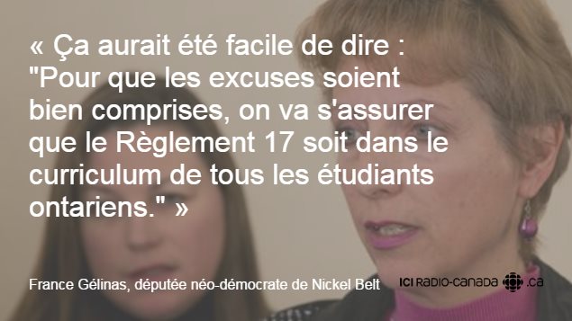 La députée néo-démocrate de Nickel Belt, France Gélinas sur le Règlement 17 La députée néo-démocrate de Nickel Belt, France Gélinas sur le Règlement 17