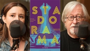 Catherine Mathys, la page couverture de son livre, <i>Stadorama</i>, et Michel Dallaire