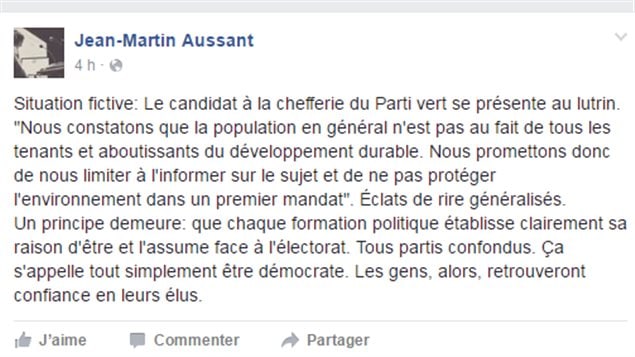 Jean-Martin Aussant réagit sur sa page Facebook à la candidature de Jean-François Lisée. Jean-Martin Aussant réagit sur sa page Facebook à la candidature de Jean-François Lisée.