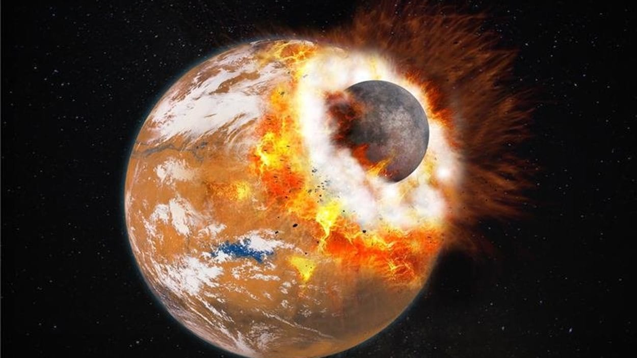 Impression artistique de la collision entre Mars et une protoplanète qui aurait donné naissance aux lunes Phobos et Deimos. Impression artistique de la collision entre Mars et une protoplanète qui aurait donné naissance aux lunes Phobos et Deimos.