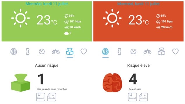 Les indices pour les allergies et les maux de tête et migraines en fonction des données rentrées par l'utilisateur. Les indices pour les allergies et les maux de tête et migraines en fonction des données rentrées par l'utilisateur.