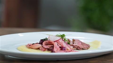 Déclinaison de betteraves en salade chaude, canard et pleurotes Déclinaison de betteraves en salade chaude, canard et pleurotes