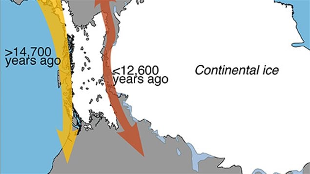 La flèche en jaune montre le passage par la côte et celle en brun le passage par le corridor terrestre. La flèche en jaune montre le passage par la côte et celle en brun le passage par le corridor terrestre.